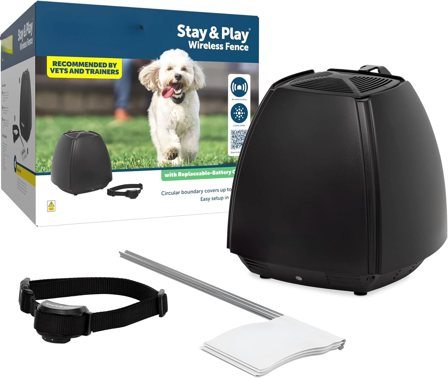 Wireless Pet Fence & Replaceable Battery Collar - Circular Boundary Secures up to 3/4 Acre Yard, No-Dig