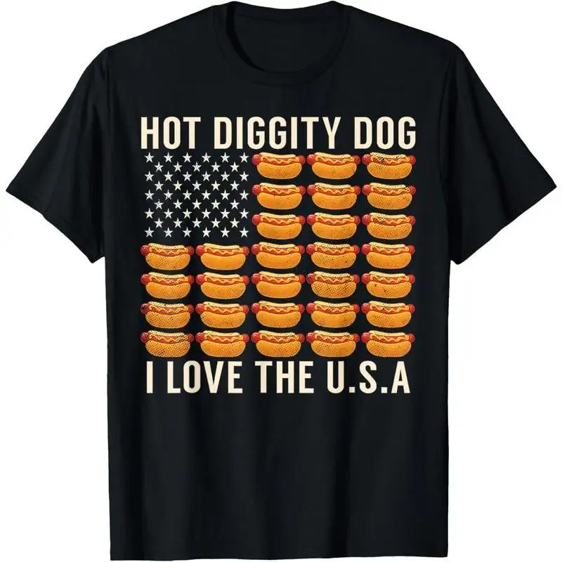 

Hot Diggity Dog T-Shirt, American Flag Hot Dog Graphic Tee, I Love USA Funny Food Lover Top, Patriotic Gift for Men Women