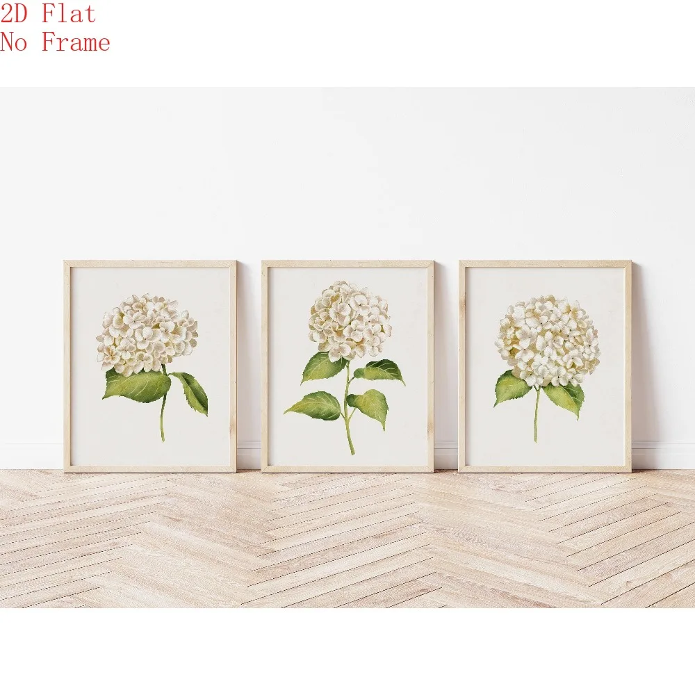 AZNM 3Pcs White Hydrangea Canvas Wall Art, Watercolor Floral Green Leaf Print Frameless Canvas Painting, Minimalist