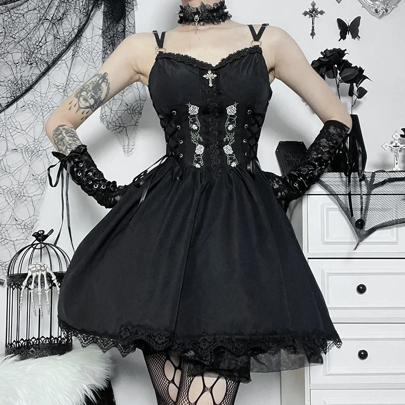 

Vintage Gothic Princess Dress Sexy Women Dark Harajuku Lace Up Cross Corset Dress Streetwear Partywear Lolita Dress Female