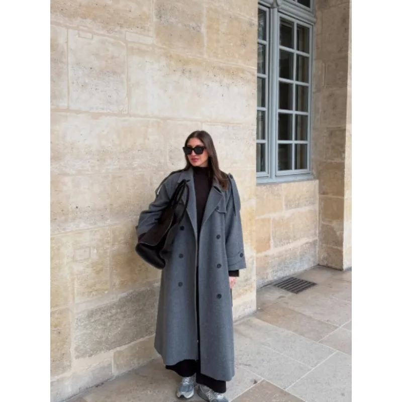 

Двубортные длинные женские пальто для отдыха, элегантные лацканы с карманами и поясом, новинка зимы 2025, женская повседневная уличная одежда
