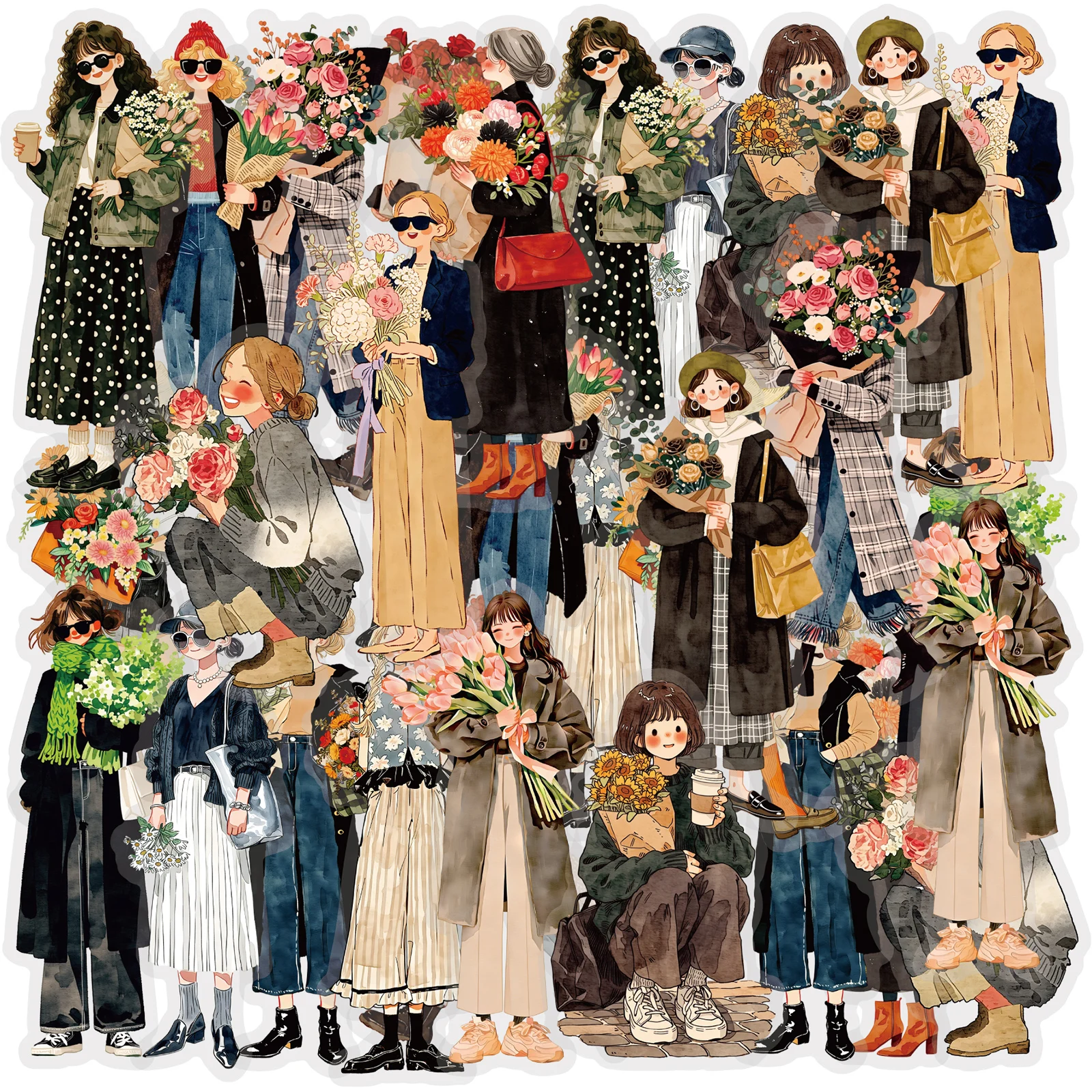 Etori Life 15Pcs Retro Watercolor Girl Pattern Pet Sticker Pack, Street Fashion Bouquet Character Pattern DIY Journal Decoration Stickers Suitable for Laptops, Phone Backs, Guitars, Photo Albums, Handbags, Postcards and Envelopes, Sticker Books, Helmets and Bicycles, Scrapbooking Supplies, Office Decoration Supplies, Artistic Aesthetics, School Supplies, Back-To-School Season, Cycling Decals