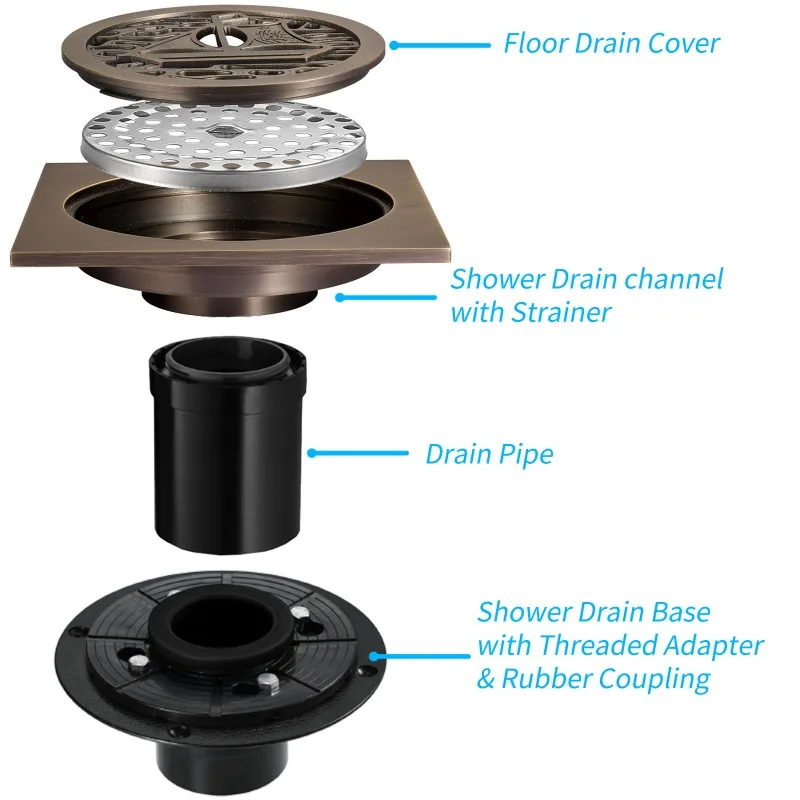 100 * 100Mm square blue bronze deodorant bathroom drain floor drain with flange North American style