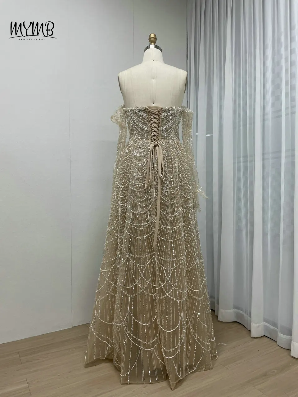 MYMB Champagne Stunning Beaded A-Line Girls Princess Prom Party Gowns Arabic Strapless Lace Up Back Evening Dresses with Gloves