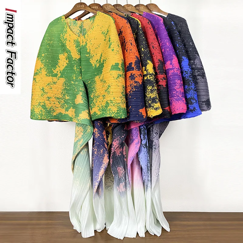 

Miyake 2024 New Early Spring, Autumn, and Summer Women's Fashion Printed Bat Sleeves Pleated Dress Women's Long Dress