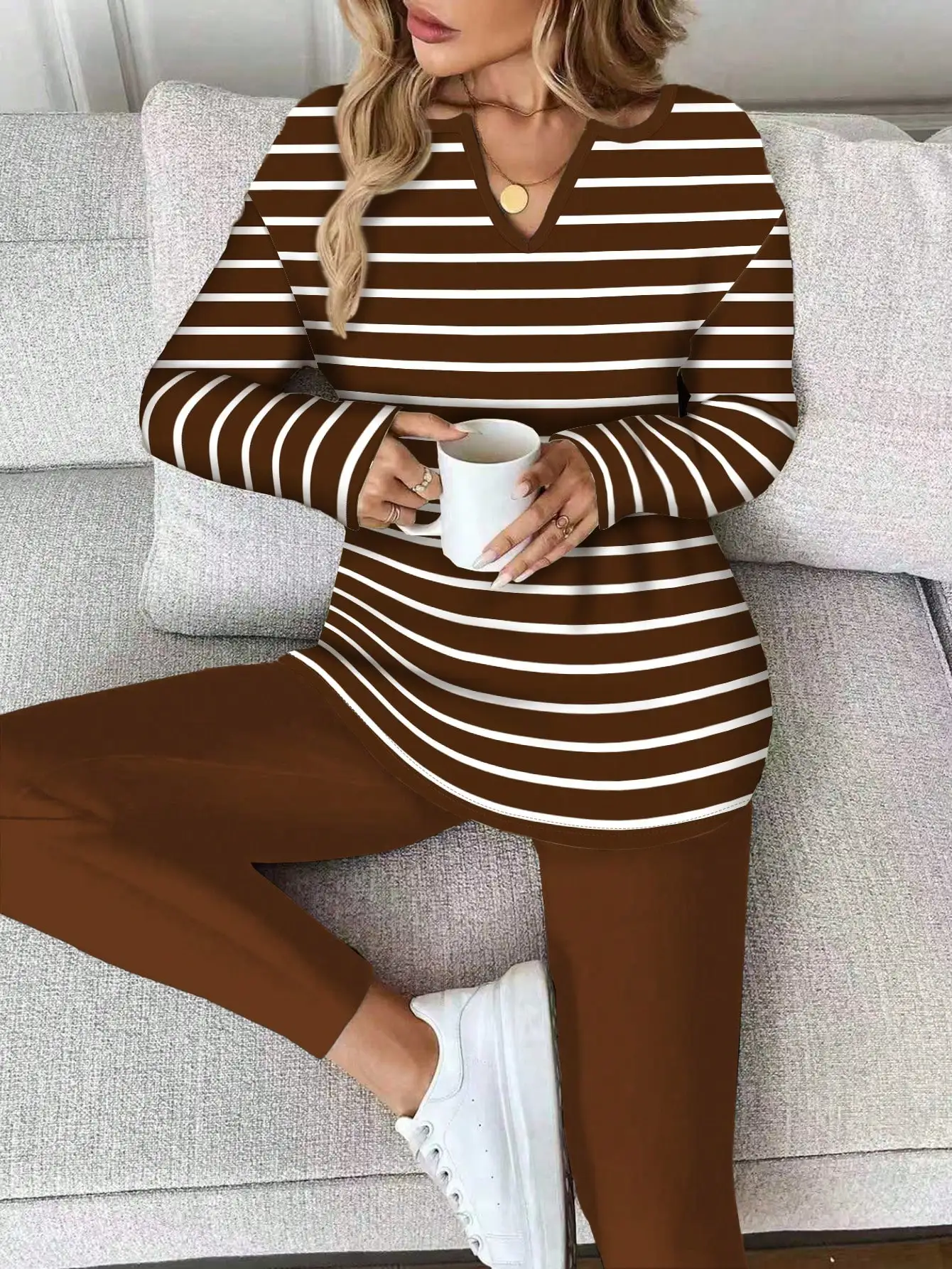 

Women Casual Striped Long Sleeve T-Shirt And Leggings 2 Piece Lounge Set Brown