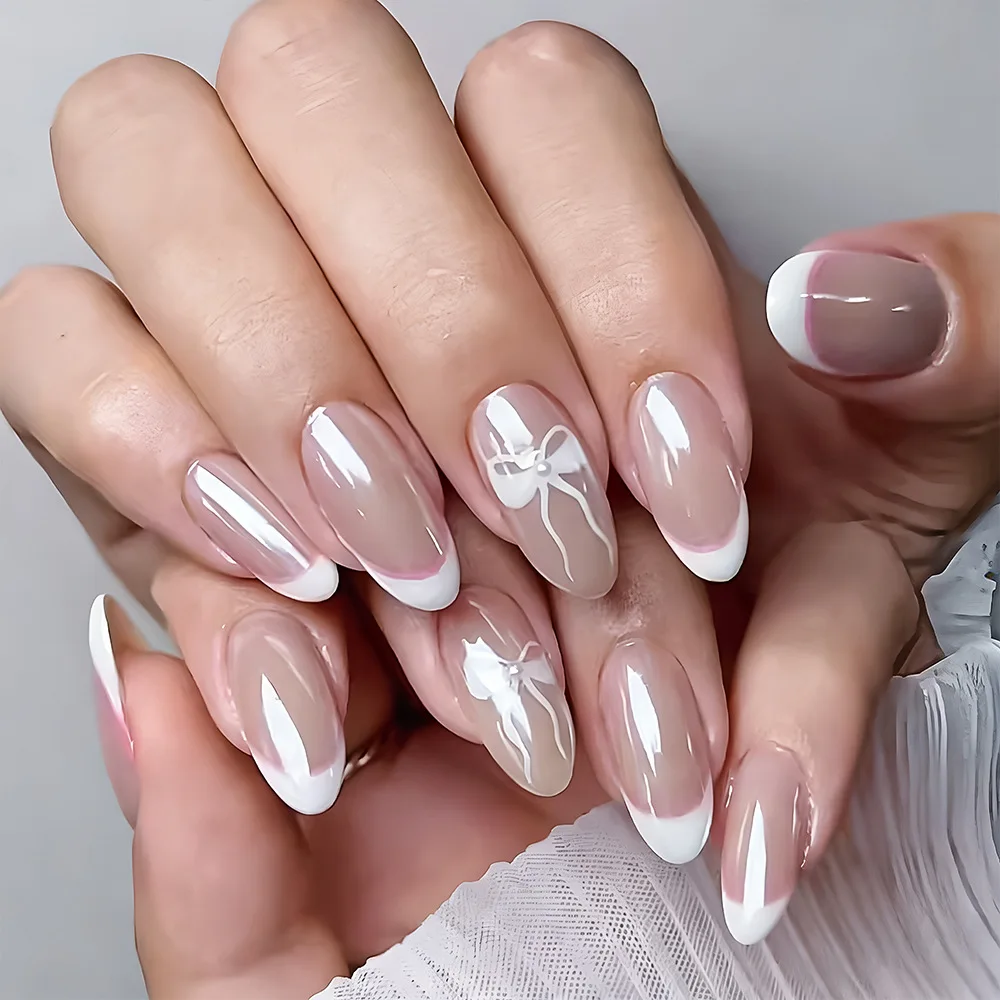 

24PCS Gentle Nude Bow French Fake Nails Almond Press on Nails with Plated Dot Diamond Design Simple Sweet Removable False Nails