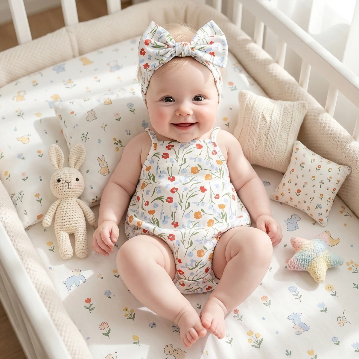 Fashion Sweet Baby Girls Bodysuits with Headband Floral Cute Infants Clothings Onesies