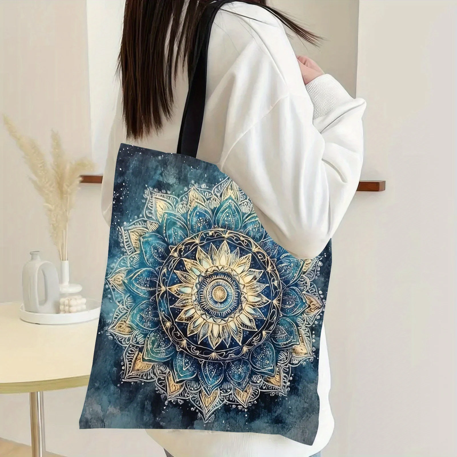1pc Bohemian Mandala Tote Bag Reusable Shoulder Shopping Bag Blue Golden Floral Design High Quality Handbag