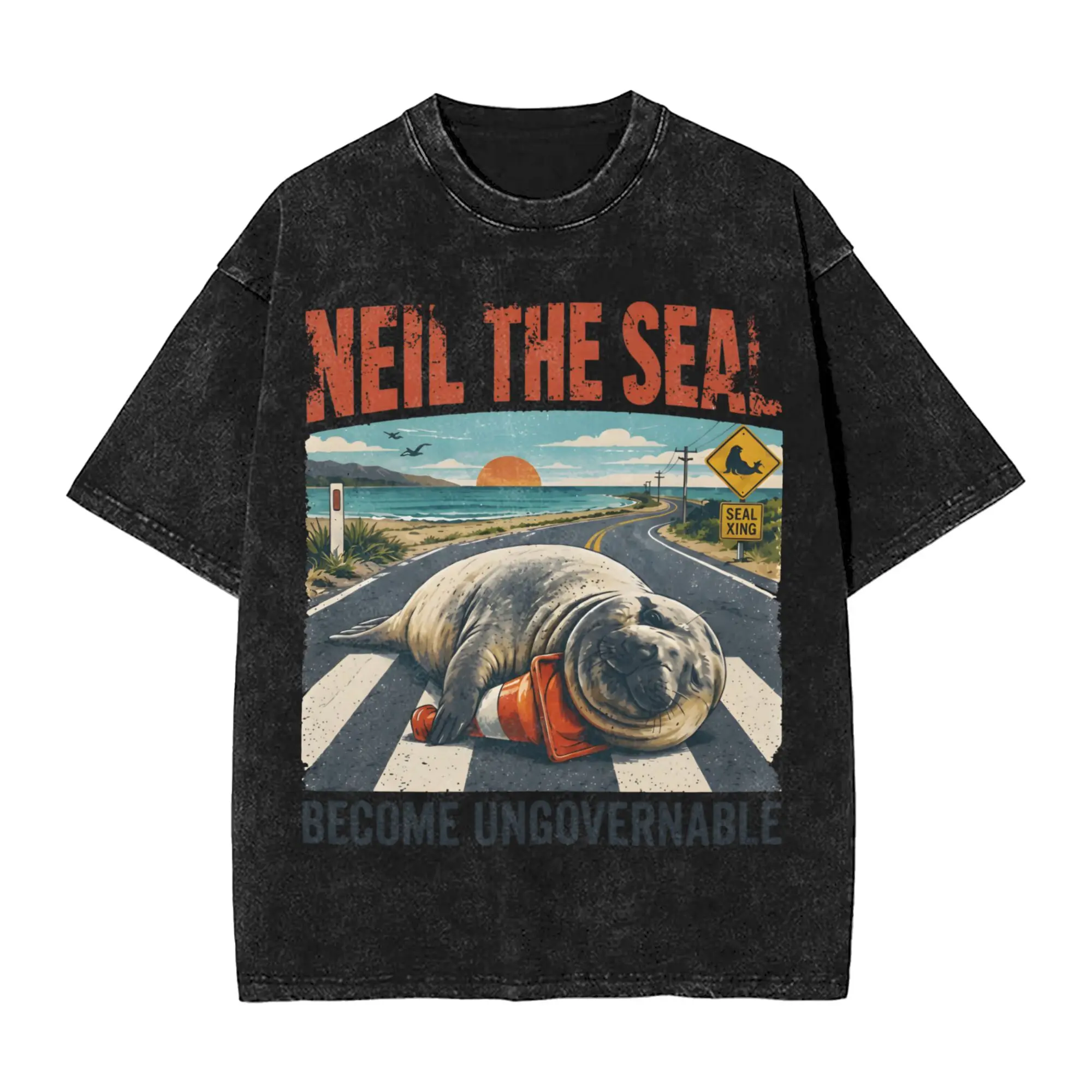 Oversized Washed T-Shirt Neil the Seal  Cotton T-Shirts  Fashion Tshirt for Men Beach Y2K Basic Printed Tops