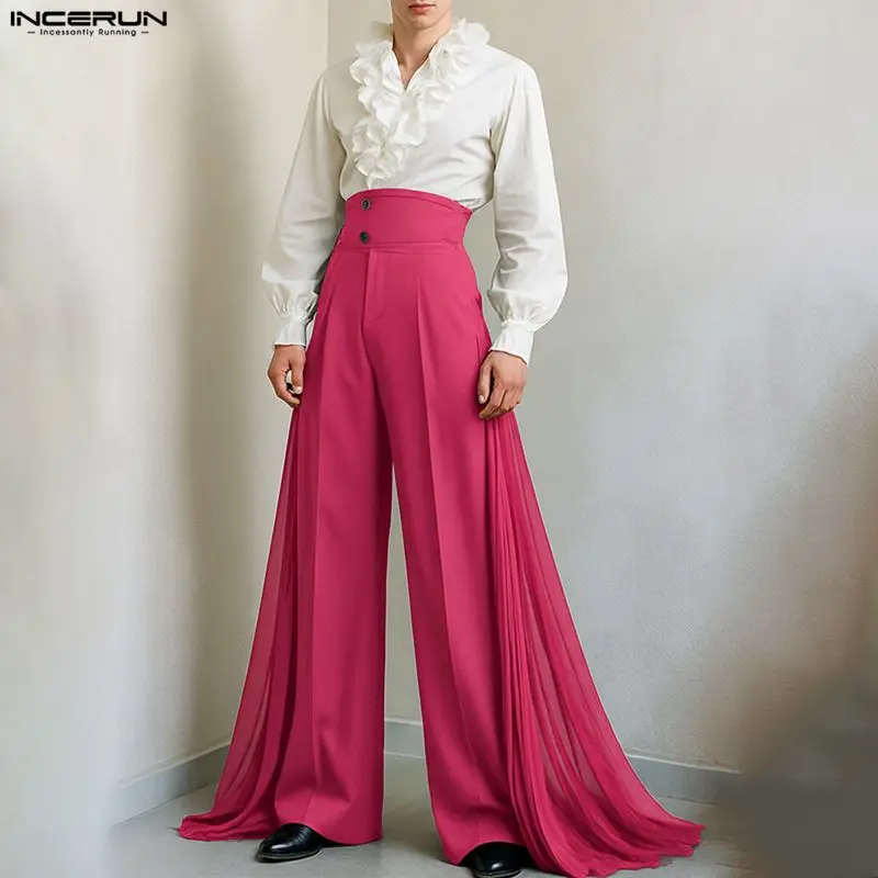 

INCERUN мужские брюки шифоновые лоскутные плиссированные брюки на пуговицах мужская уличная одежда с высокой талией модные повседневные широкие брюки нестандартной формы