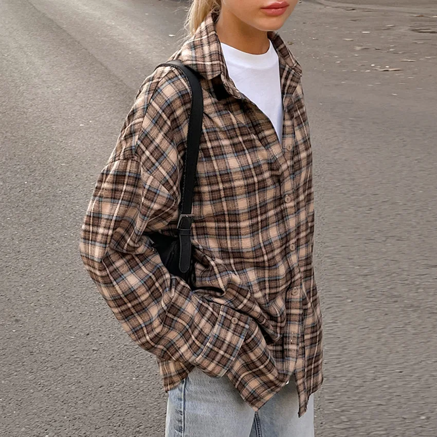 

CGC Vintage Plaid Shirts And Blouses Woman Long Sleeves Breasted Casual Street Blouse Loose Spring Autumn Top Female Clothing