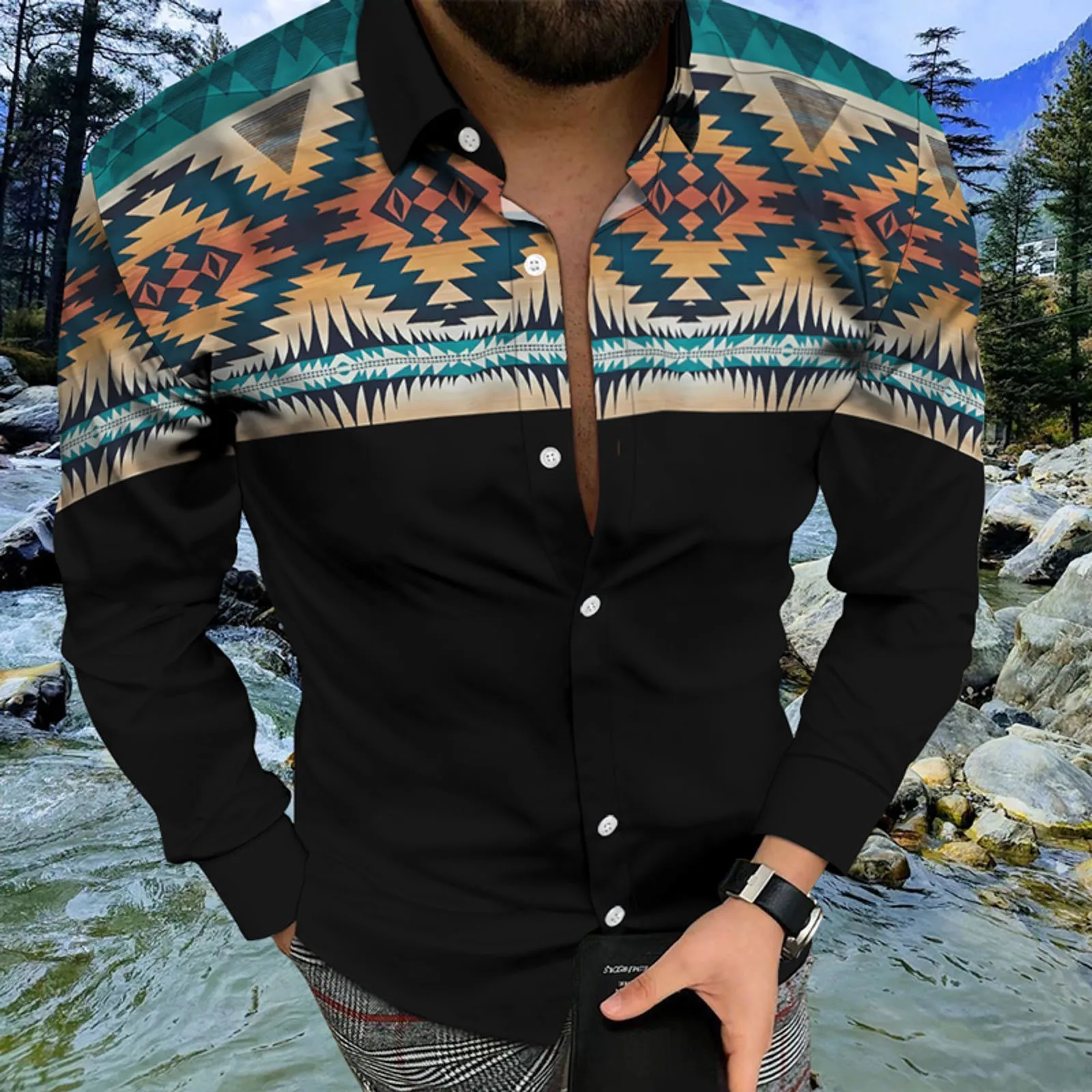 Social Fashion Men Shirts Casual Buttoned Shirt Aztec Ethnic Print Long Sleeve Tops Blouses