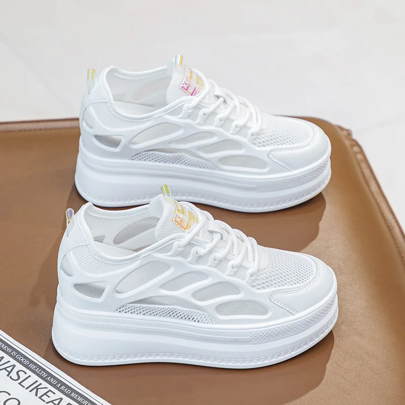 Sepatu wanita musim panas hak Chunky Sneakers Platform kasual jaring udara kulit asli bersirkulasi udara jala udara 9cm