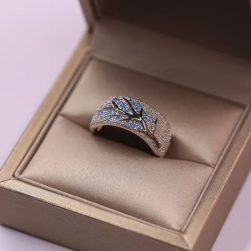 S925 Classic Stainless Steel Silver Plated Plum Blossom Lady's Oil Drawing Ring For Women Diamond Inlay Jewelry Size 6-11