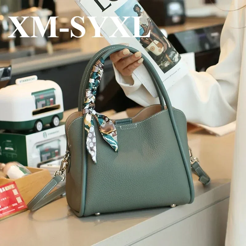 

XM-SYXL Female genuine cow leather bag for women bags blue Handbag New Crossbody Bucket Bag luxury Shoulder bags medium