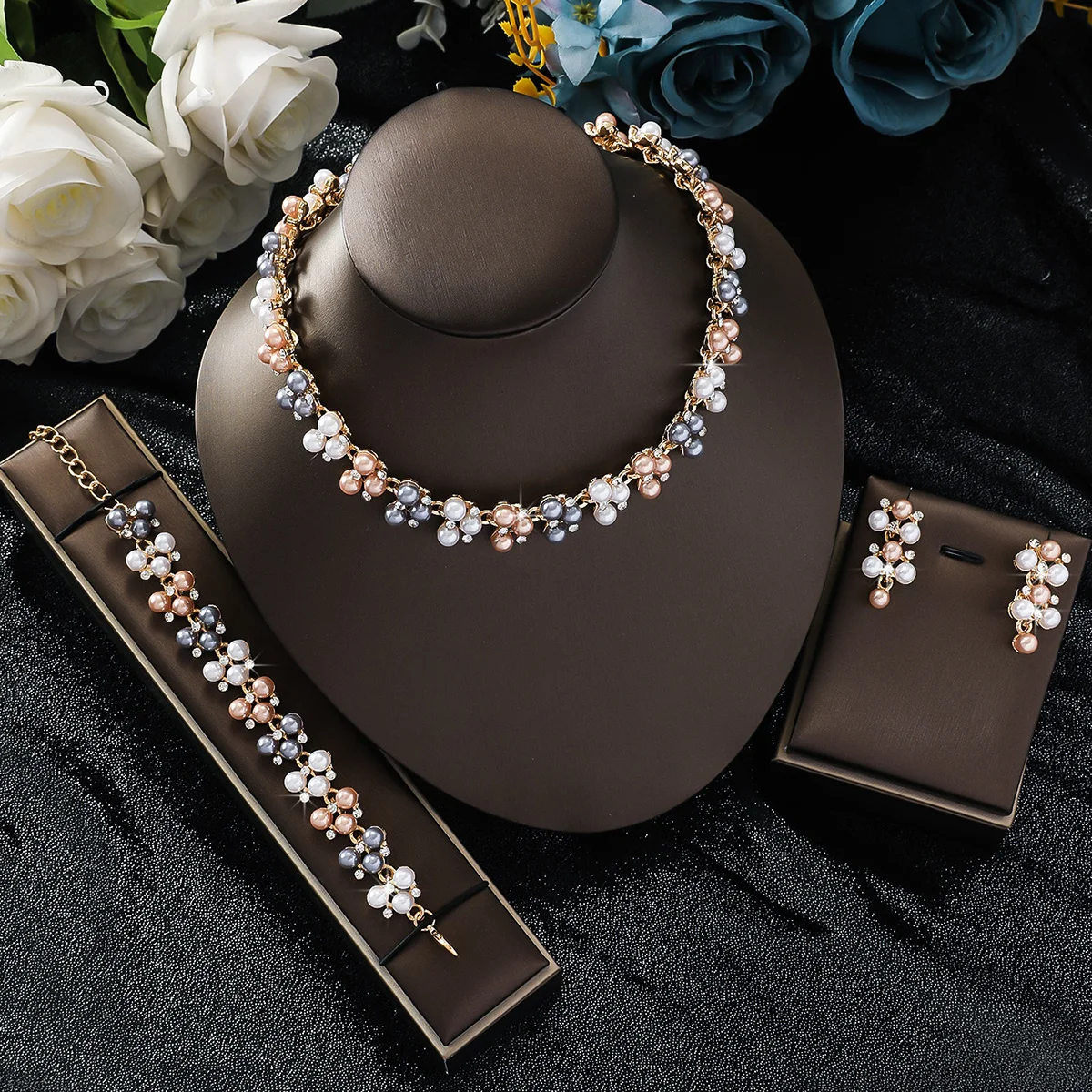 4PC Women's Fashion Simple Imitation Pearl Rhinestone Necklace Earrings Jewelry Set, Suitable for Wedding, Party, Festival Gifts