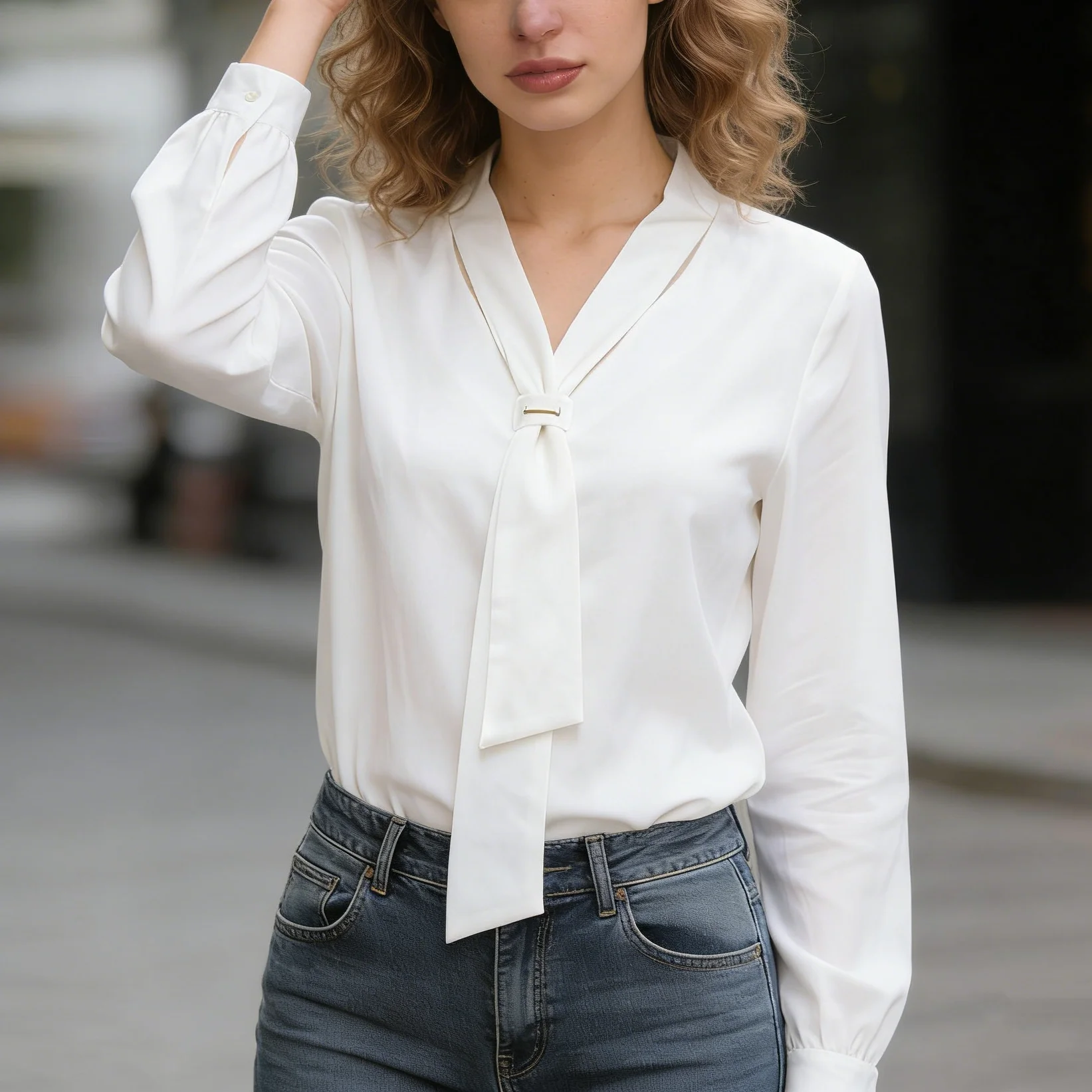 

2026 New White V-neck Long Sleeved Shirts Spring Elegant Casual Women Tie Pullover Blouse Fashion Autumn Office Lady Tops