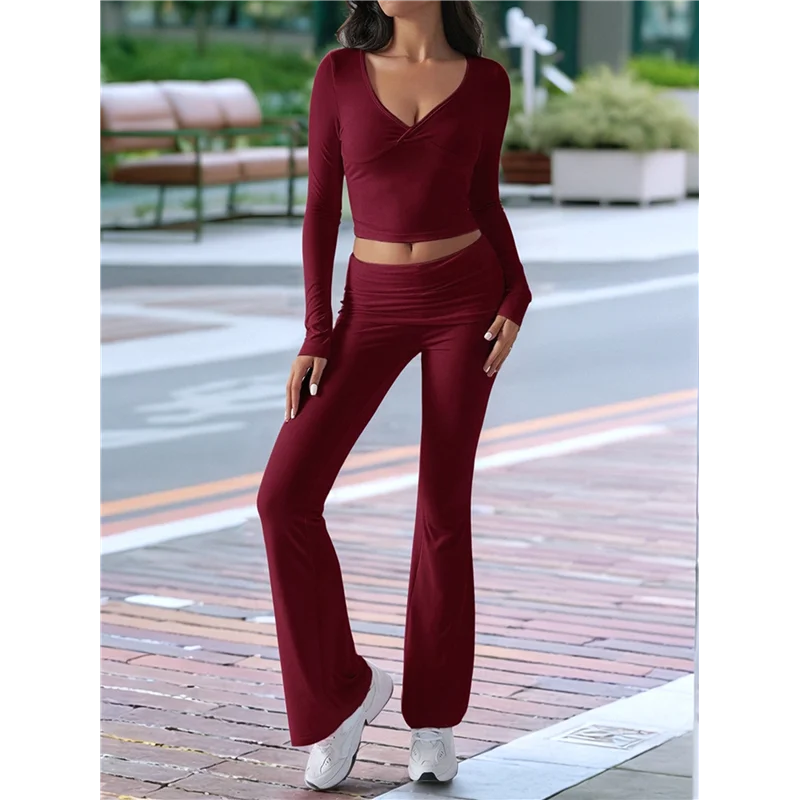 

Women's Workout 2 Piece Lounge Sets Long Sleeve Tops Foldover Flare Pants Casual Outfits Tracksuit
