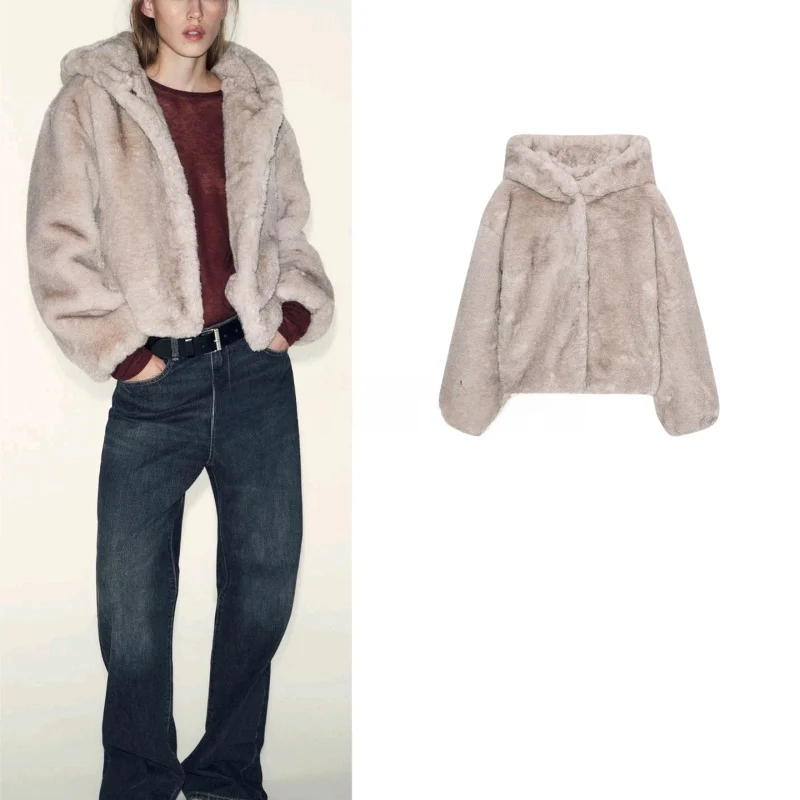 

Новое зимнее женское длинное светящееся несъемное пальто из искусственного меха с капюшоном, французское пальто-стойка, длина на молнии