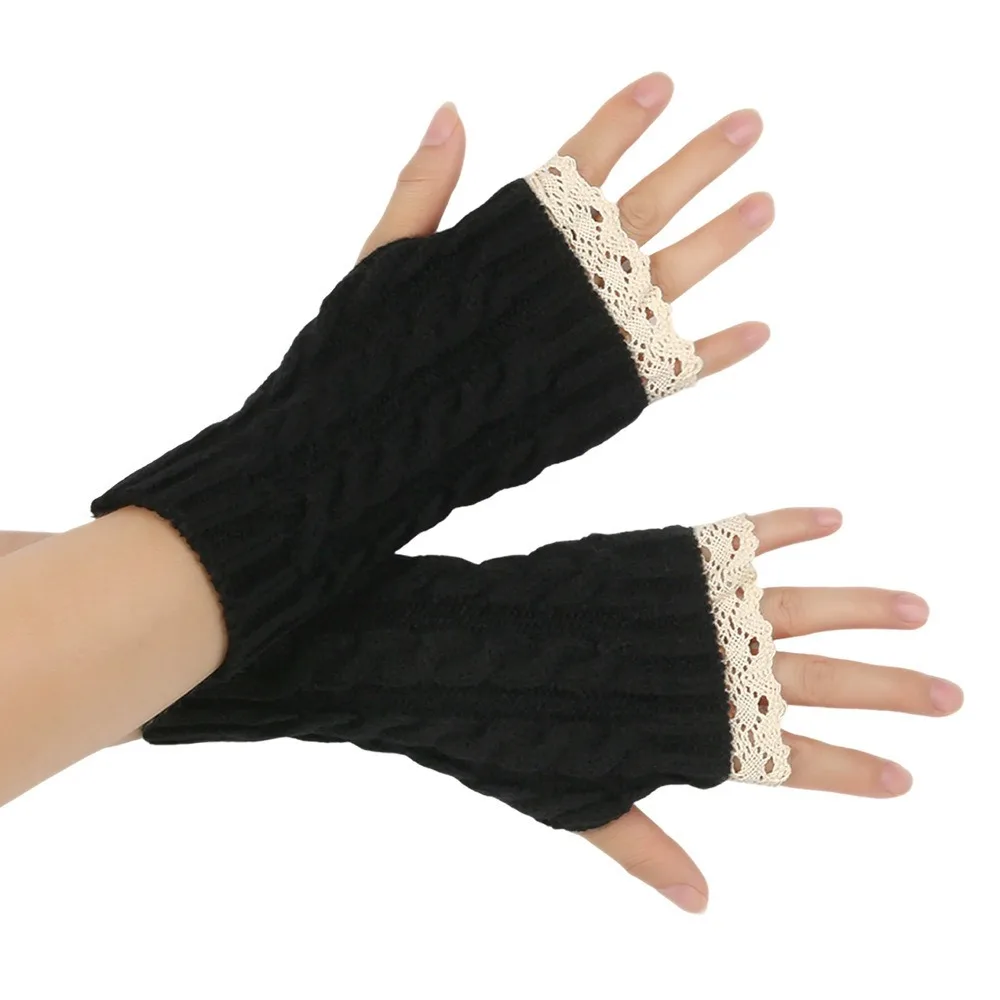 Fashion Lace Trim Fingerless Mittens Thicken Warm Women Knitted Gloves Soft Wrist Protection Wrist Mittens Writting Friendly