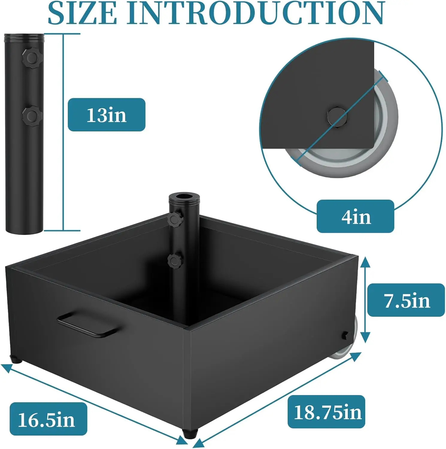 قاعدة مظلة بعجلات، حامل مظلة زارع قابل للتعبئة بسعة 150 رطل، حامل مظلة فولاذي مقاوم للصدأ مع مقبض ونملة