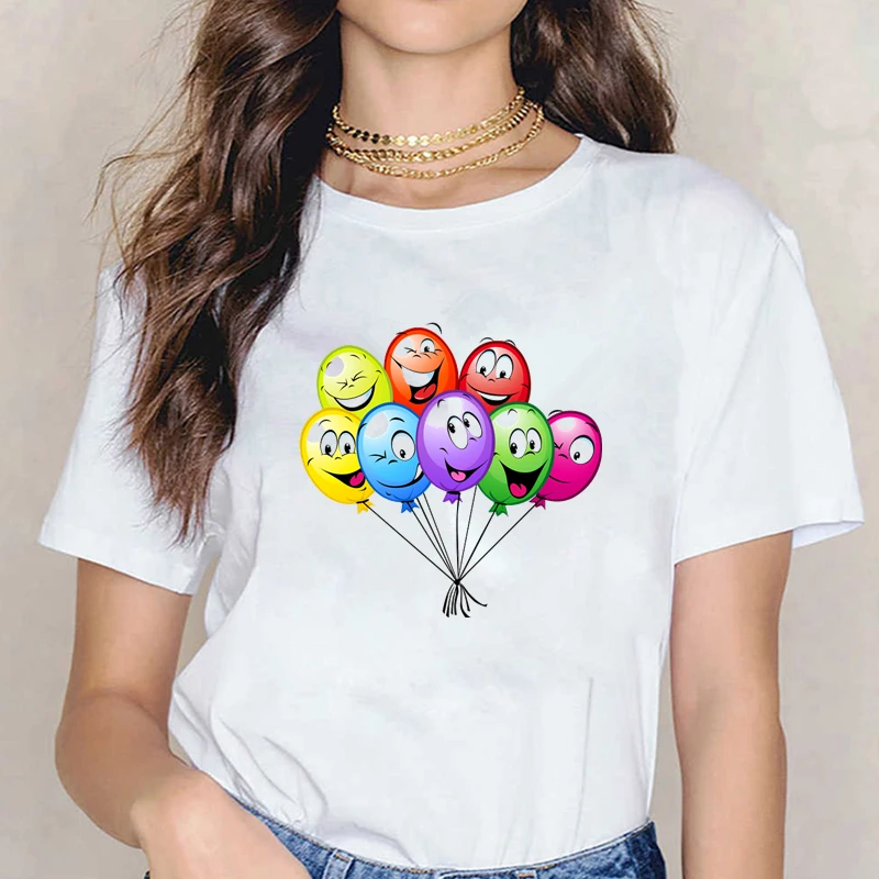 JIXISHENG-Funny Cartoon T-Shirt for Women, Balloon Print, Short-sleeved, O-neck, Harajuku, White, Brand Tops, Tees, HH299