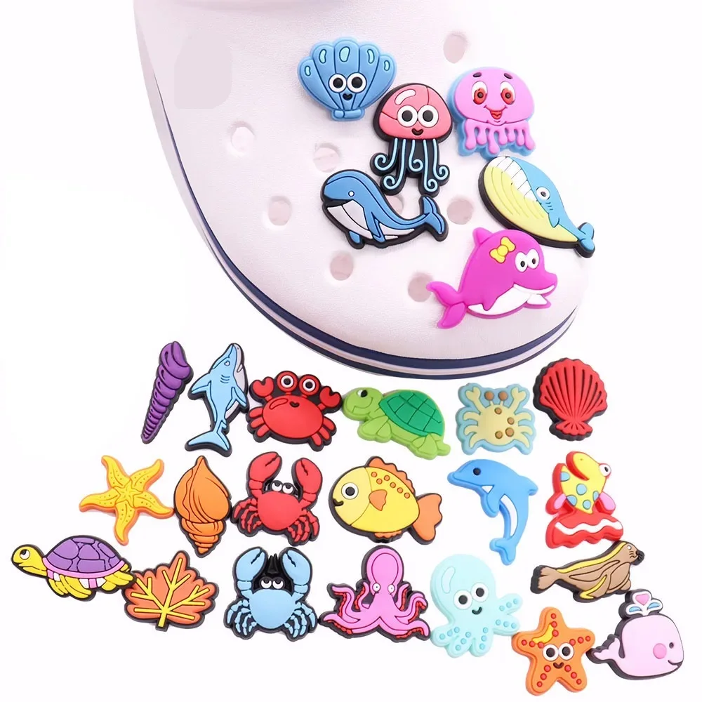 50Pcs PVC Shoe Charms Octopus Whale Crab Dolphin Shell Accessories Shoe Buckle Decorations Fit Bracelets Hot Gift Children Gift