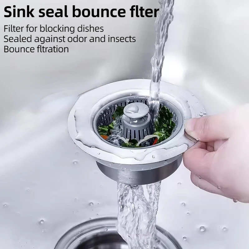 Kitchen Sink Drain Strainer 3-in-1 Stainless Steel Pop Up Sink Stopper Anti-Clogging Strainers Drain Filter Leak-Proof Plug