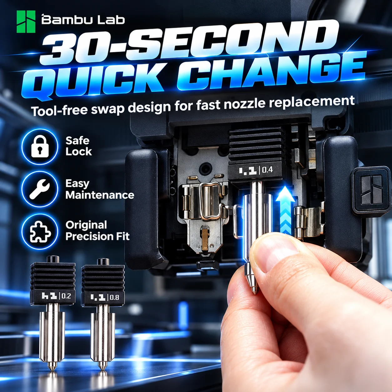 Original Bambu Lab Quick-Swap Hotend Nozzle 0.2/0.4/0.6/0.8mm for X2D P2S H2D H2S H2C Standard Flow
