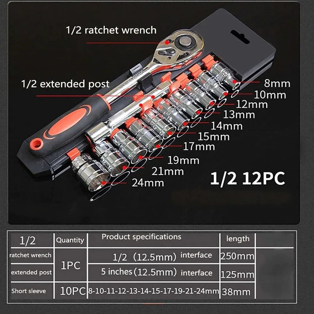 12 Pcs Ratchet Socket Wrench Kit Universal Repair Tool Multi-Function 8-32mm Wrench Home Quick Release Reversible