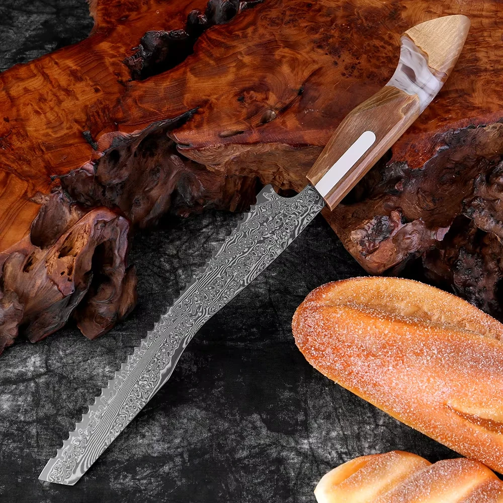 

Premium Japanese Damascus Steel Bread Knife with Serrated Edge for Cutting Soft European-Style Toast White Resin Wood Handle