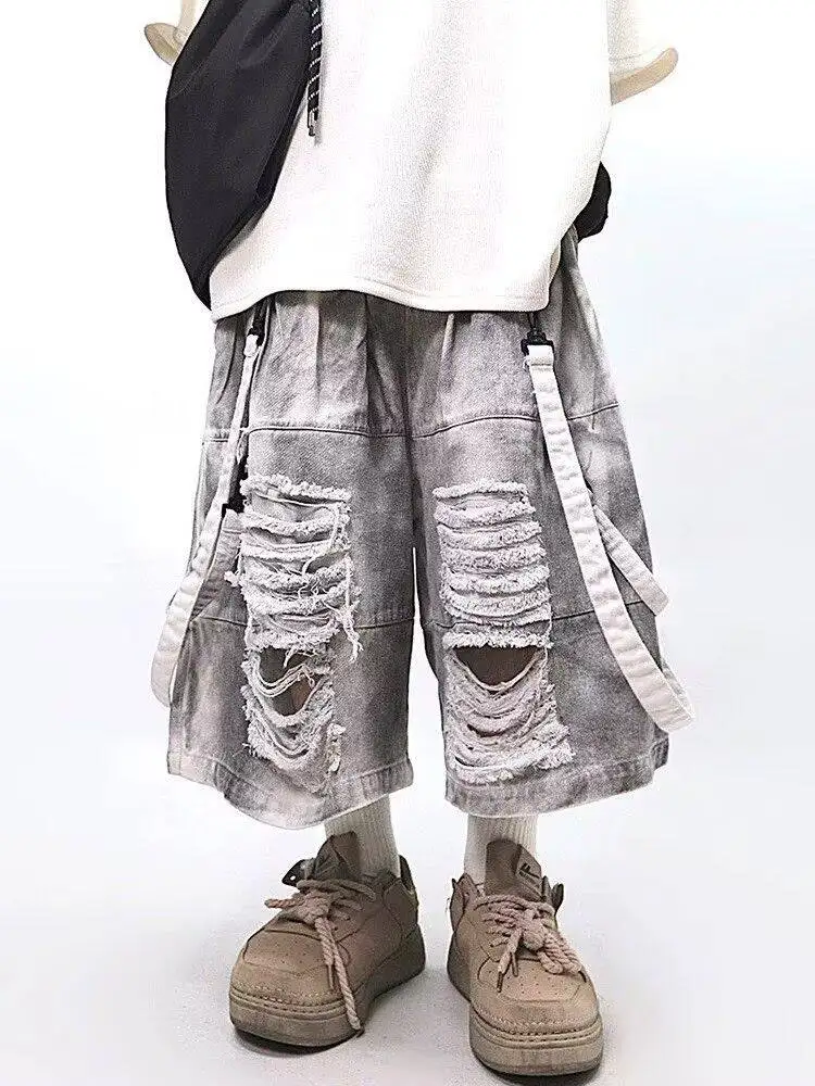 Retro Hip-hop Men's Ripped Jeans Summer American Casual Fashion Loose Street Style Washed Patchwork Male Hollow Out Shorts