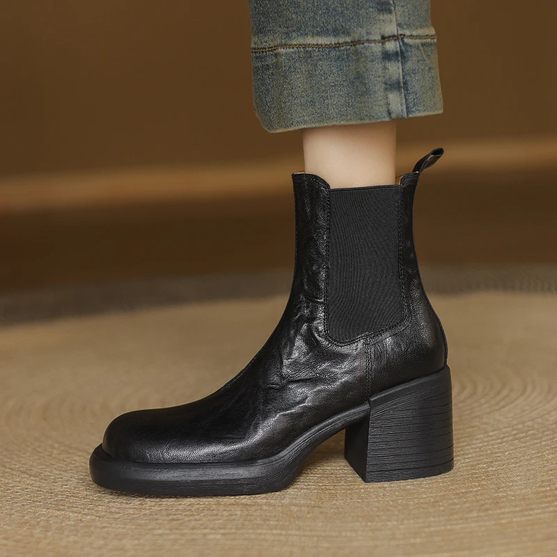 

Women Ankle Boots Round Toe Slip On Warm Winter Shoes Ladies Sheepskin Retro Shoes Woman Platform Boots Thick Heel Round Toe