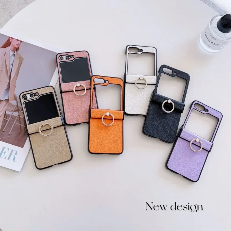 Litchi Patterned Leather Phone Case for Samsung Galaxy Z Flip 6 5 4 3 Flip6 Flip5 Flip4 Flip3 5G Ring Holder Shockproof Cover