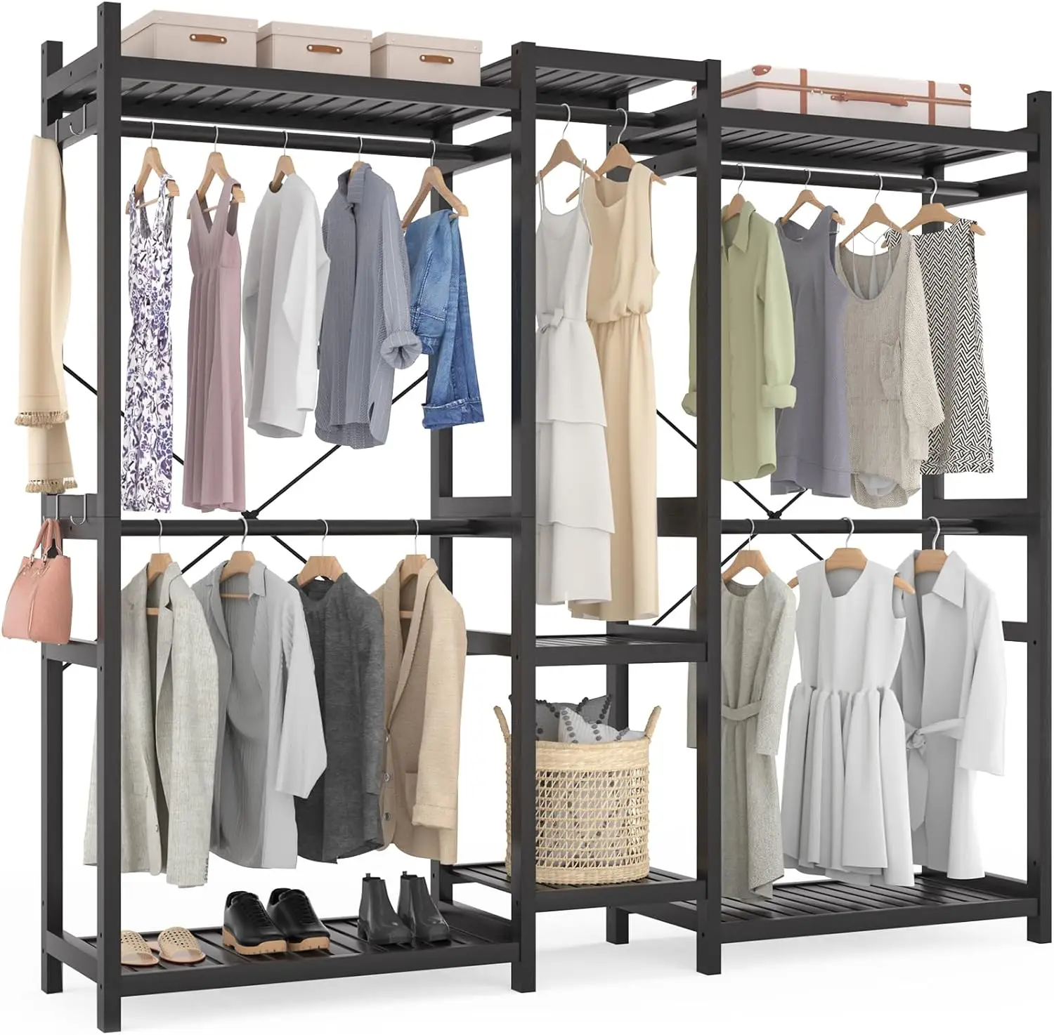 Homykic Bamboo Open Wardrobe Closet System Large Freestanding Garment Clothing Rack Hanging Clothes 7 Shelves 5 Rods Black