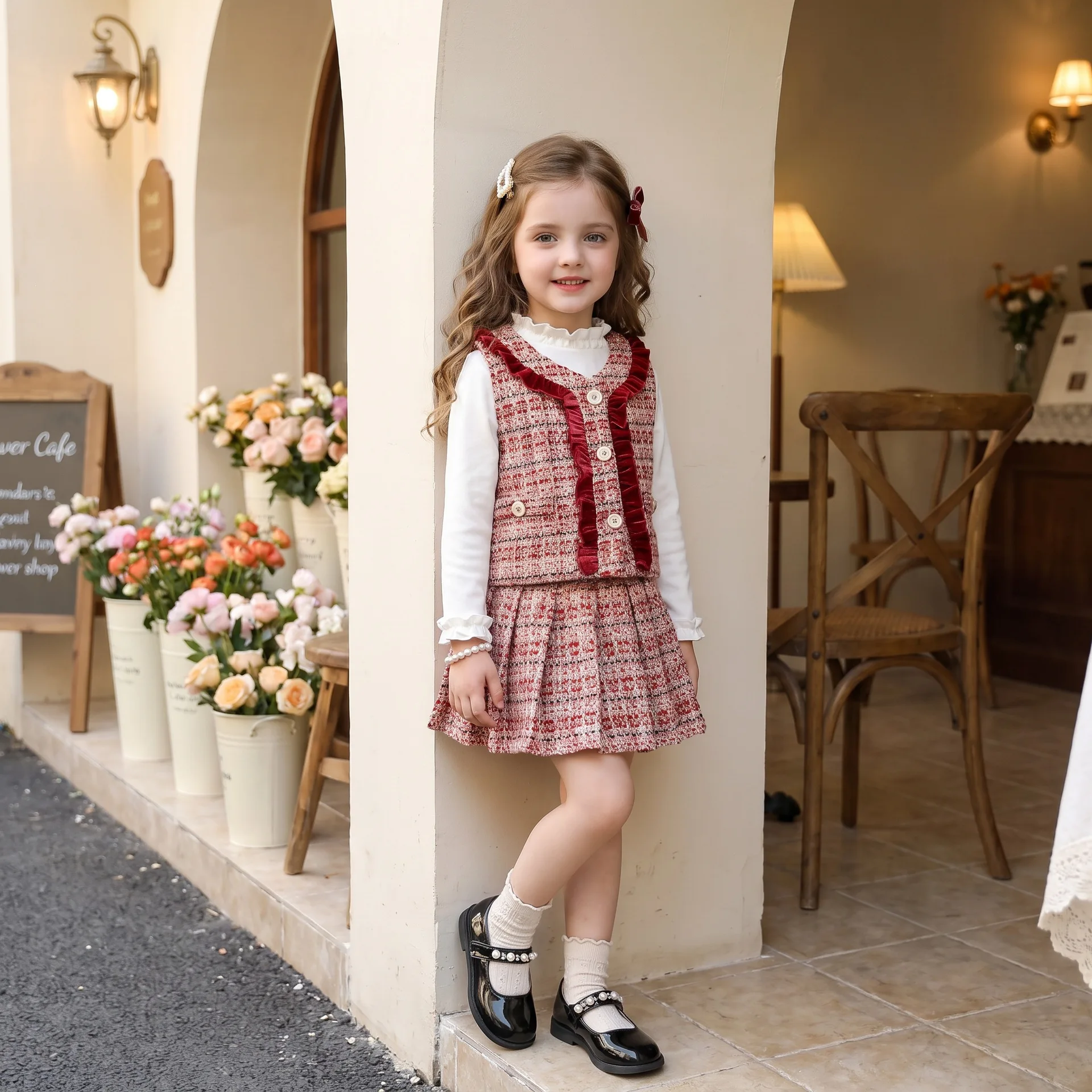 2026 New Girls Tweed 2Pcs Set | Toddler Baby Lace Vest + Pleated Skirt Outfit | Kids Preppy School Style Summer Fall Clothes