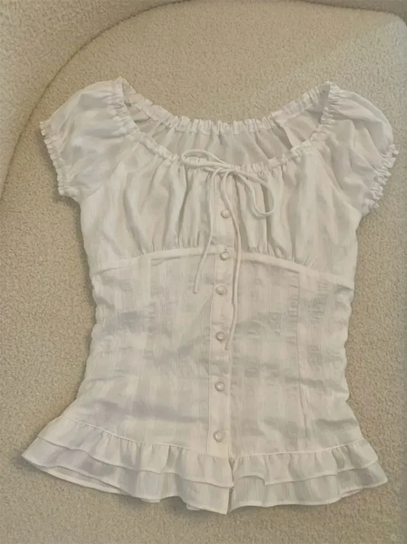 Sweet Hot Girl Puur Sexy Vierkante Hals Vetershirt Dames Zomer Geplooide Bubble Mouw Slim Fit Top Mode Dameskleding