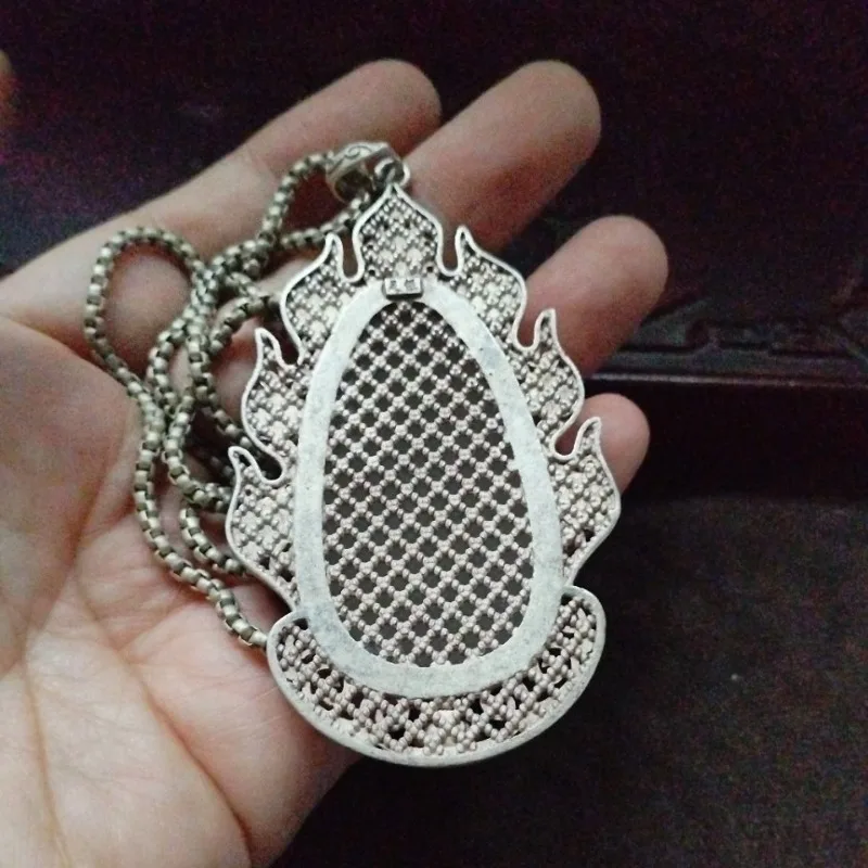 Vintage High-end Tibetan Silver Plated Flame Pattern Tag Necklace, Aged Patina Inlaid White Jade, Collectible Pendant Jewelry