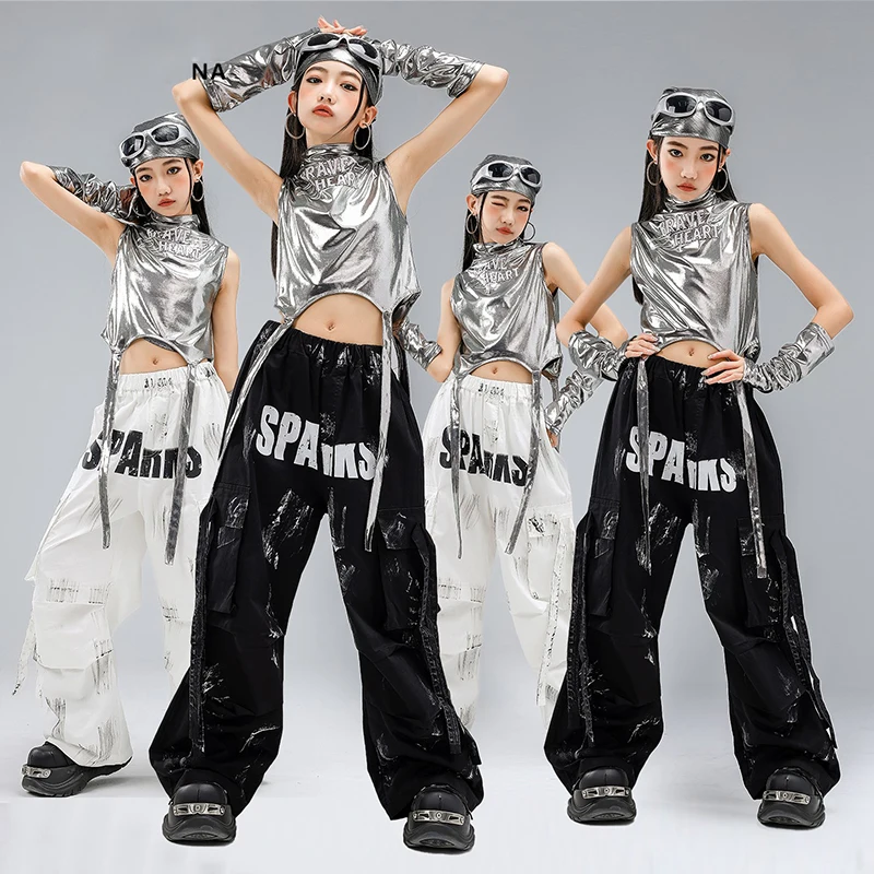 Neues Jazz-Outfit für Mädchen, K-Pop-Bühnenshow-Kleidung, silbernes Crop-Top, schwarze Baggy-Hose, Modell-Performance-Anzug, Street Dancewear 1990