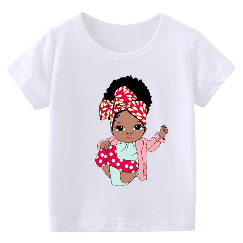 

Summer Children's Clothing: African Black Girl Cartoon Print Children's White T-shirt, Modal Round-neck Short-sleeved Base Layer