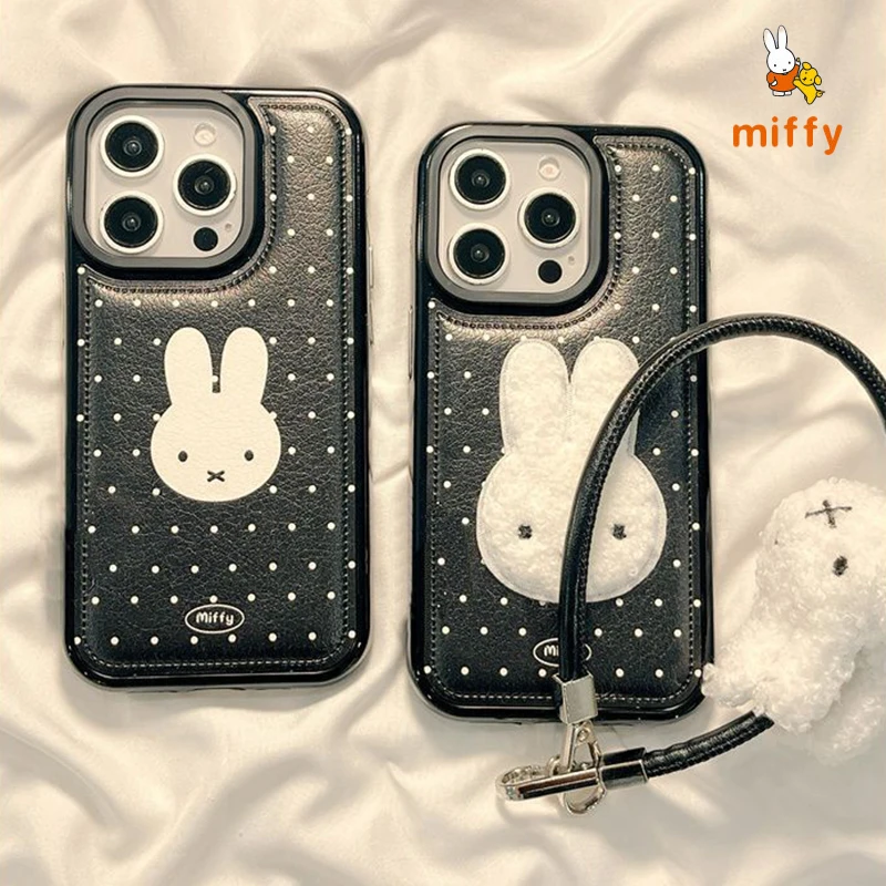 Kawaii Miffy Phone Shell Suitable for Iphone 17 16 15 14 Black High Quality Anti Drop Phone Case with Lanyard Anime Accessories
