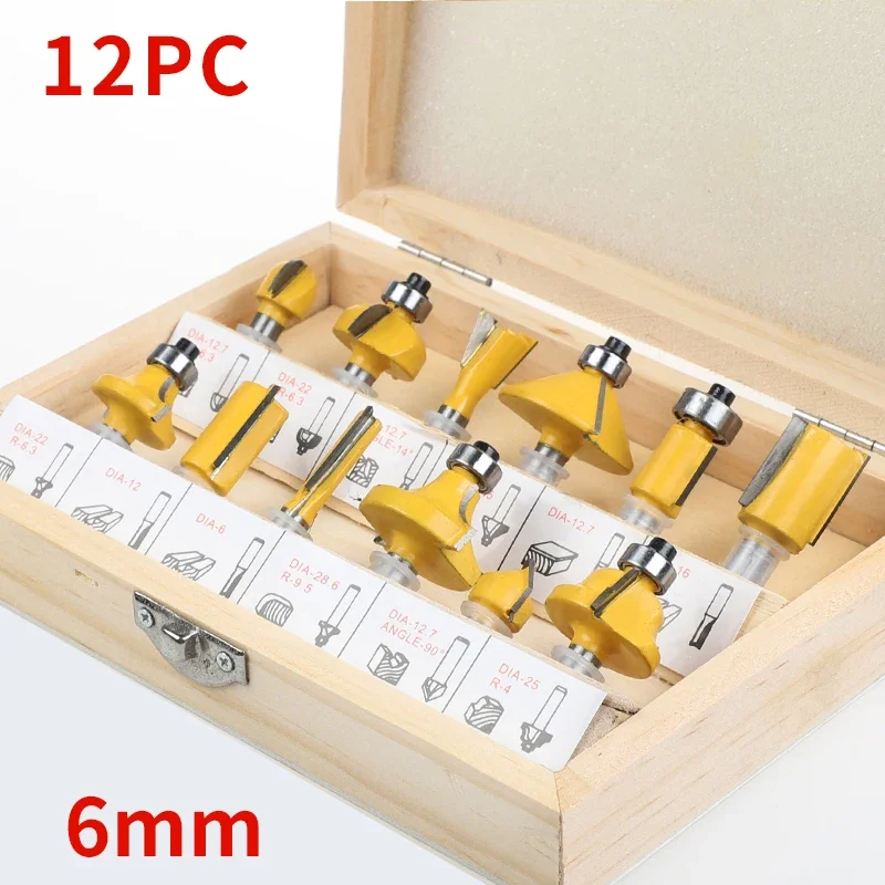 6mm Shank 12pcs Router Bit Set Woodworking Edge Trimming Straight Flush Face Milling Cutter For Wood  CNC Tungsten Solid Cutter