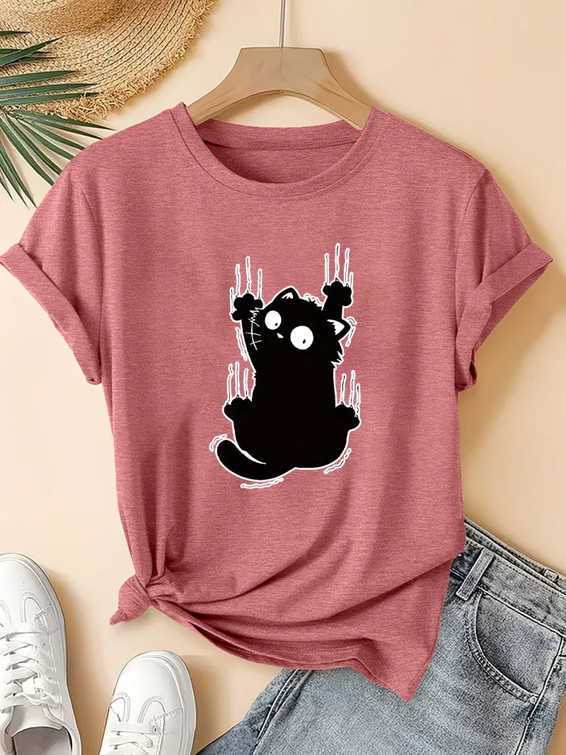 Funny Climb Cat Print T-Shirt Short Sleeve Women Elegant Breathable Cat Tshirt Fashion Graphic Tees Casual Clothes