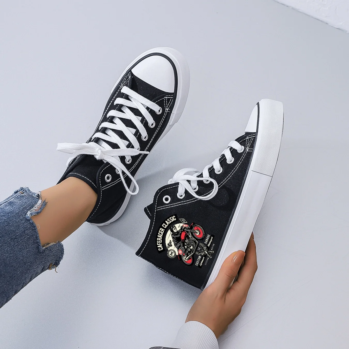 Men's Black High-Top Canvas Sneakers: Lace-Up Casual Shoes with Gear Decoration. Perfect for Daily & Street Style.