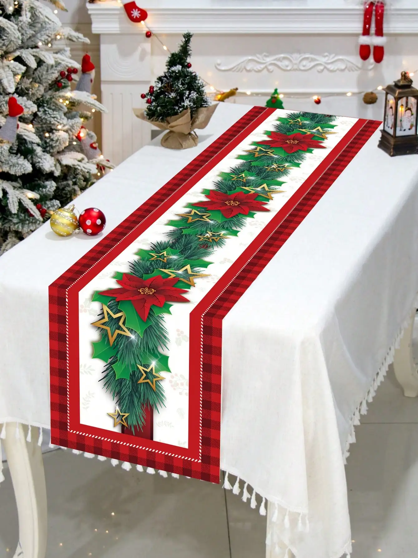 Merry Christmas Poinsettia Linen Table Runner New Year Party Decor Winter Xmas Flower Table Runners Holiday Kitchen Table Decor