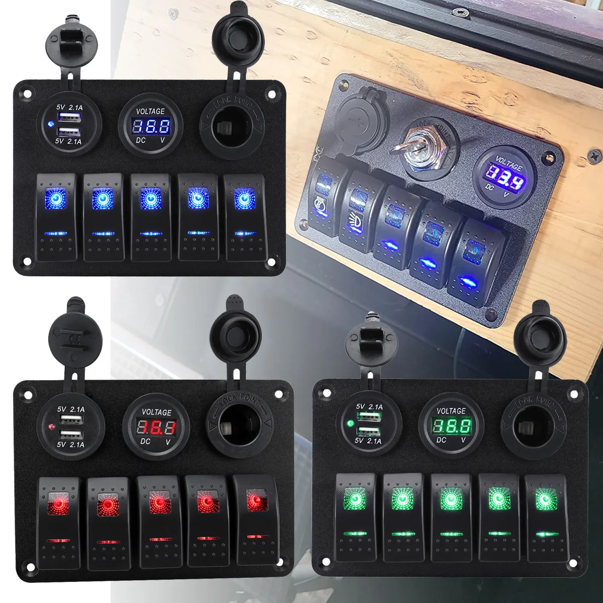 5 Sets Marine Rocker Switch Panel 12-24V, Dual USB Socket 4.2A with Voltmeter LED Light Cigarette Lighter for Boat RV Car ATV UT