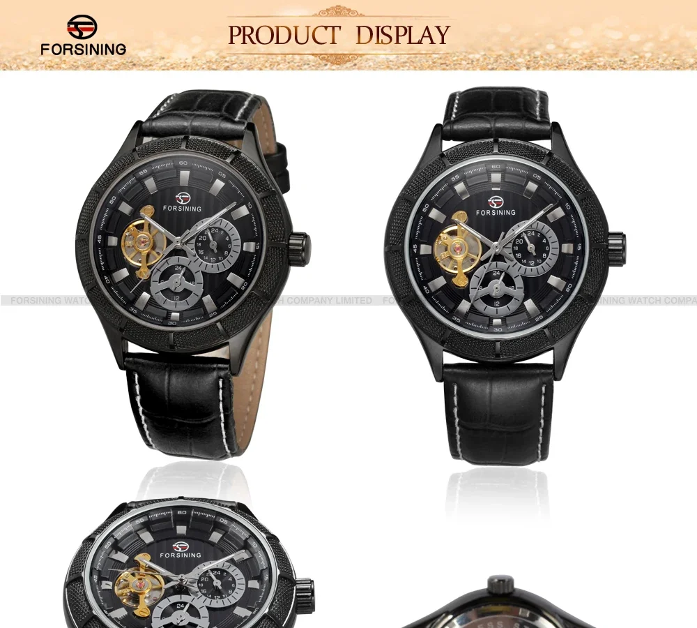 FORSINNG Flywheel Double ring nail scale automatic mechanical Watch Black Circular belt Mechanical Watch Men's Watch