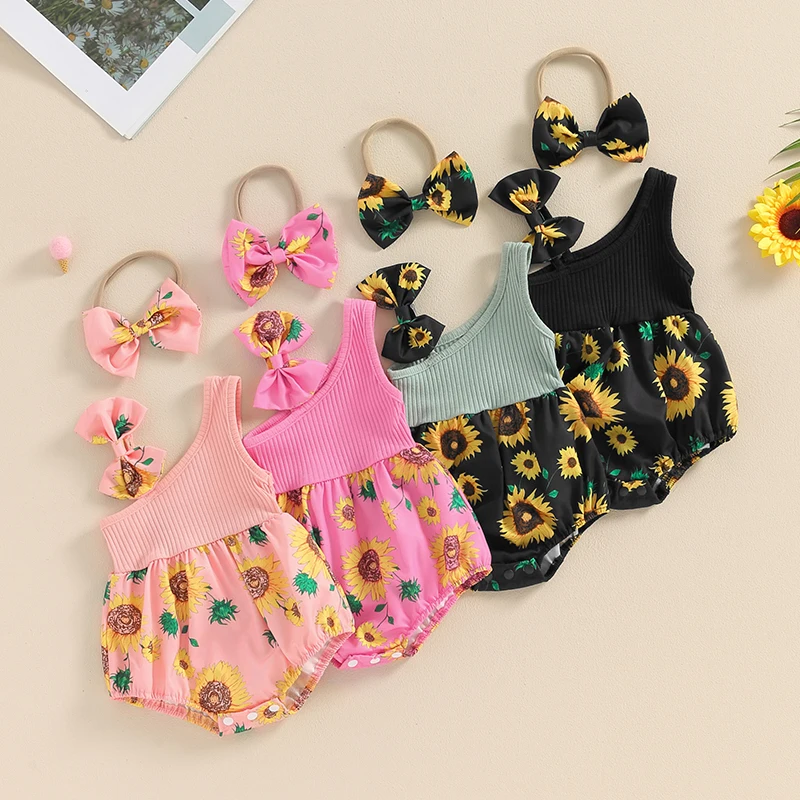 0-18 Months Cute Newborn Infant Baby Girls Romper Sleeveless One Shoulder Ribbed Floral Print Bodysuit with Headband Summer