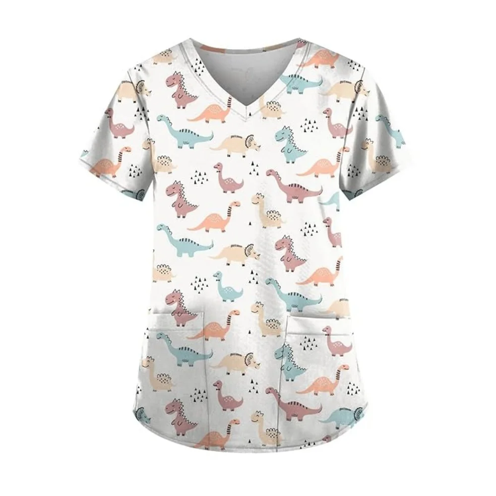 زي نسائي سريري موحد على شكل ديناصور مطبوع عليه رسوم كرتونية مرنة للغاية ورقبة على شكل حرف V زي موحد ملابس طبية بجيب بأكمام قصيرة